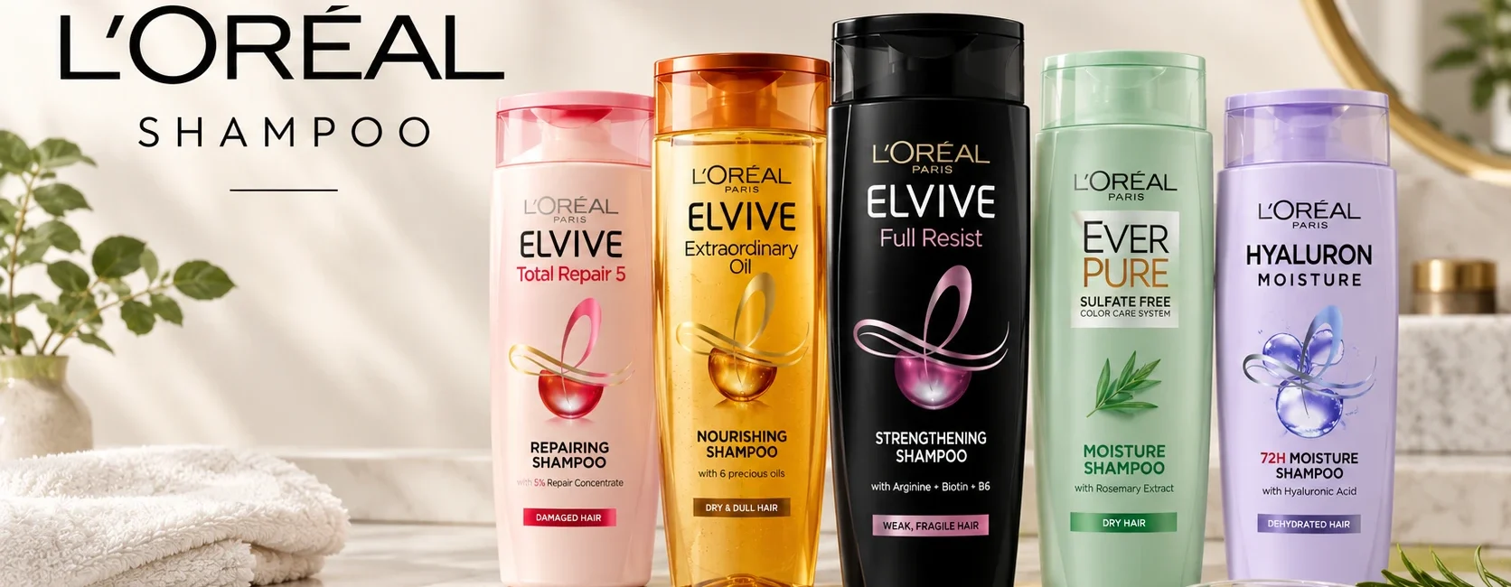 Loreal Shampoo Collection on Marble Vanity